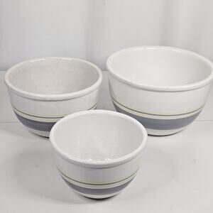 Vtg MCM Mount Mt. Clemens Pottery Mixing Bowl Set 3 Gray Yellow Stripes Japan